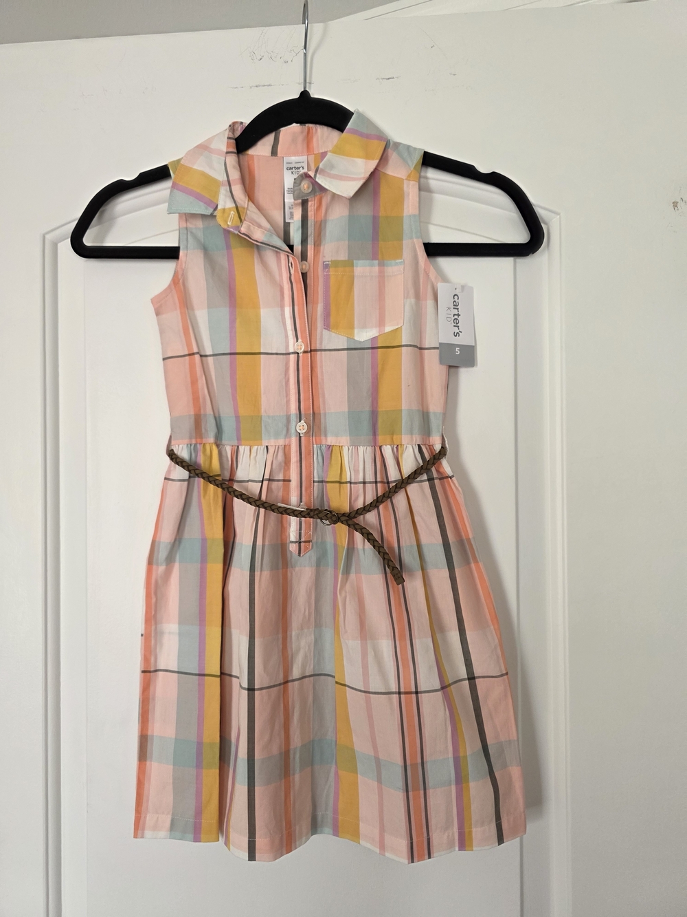 Carter's Pink Multicolor Plaid Sleeveless Shirt Dress with Braided Belt